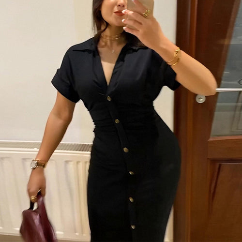 2025 summer new cross-border European and American style hot sale fashion trend versatile casual V-neck solid color breasted dress