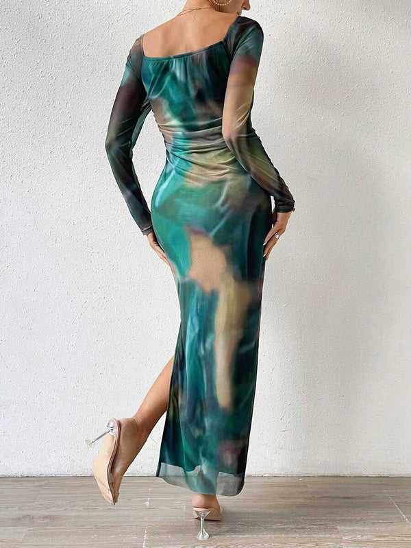 Spot cross-border 2024 European and American Amazon mesh print ruffle sexy skinny slit square neck line dress