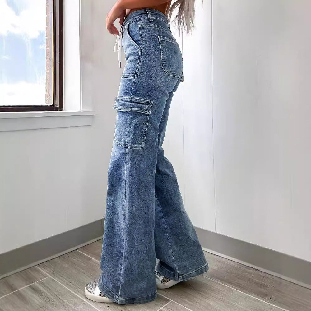 Factory direct sales 2025 new straight leg jeans women's American casual lace-up multi-pocket functional cargo pants in stock