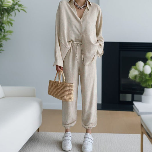 Amazon's spring 2025 European and American cross-border new temperament loose wide-leg pants shirt fashion casual suit 661