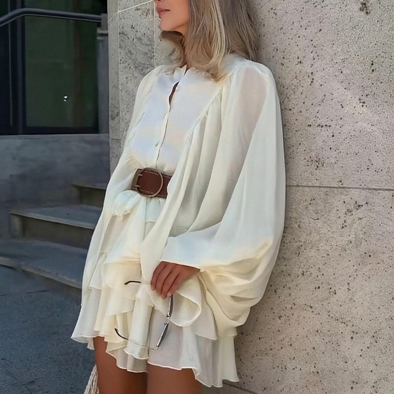 European and American style cross-border Amazon women's spring French high-waisted puff sleeve ruffled cropped dress