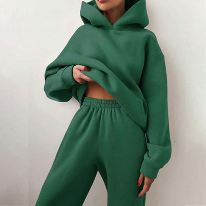 2026 New Cross-border European and American Fashion Casual Sports Style Solid Color Thickened Hooded Sweatshirt Fashion Suit Women