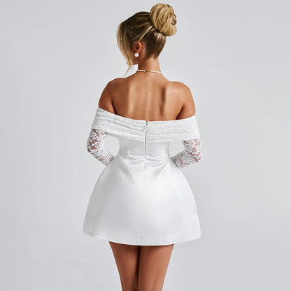 Cross-border Amazon European and American women's clothing new solid color sexy one-shoulder lace splicing slim fit dress dress for women