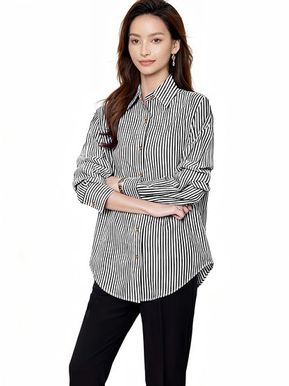 Women's vertical striped shirt, loose lapel-collar long-sleeve shirt, casual commuting versatile striped shirt