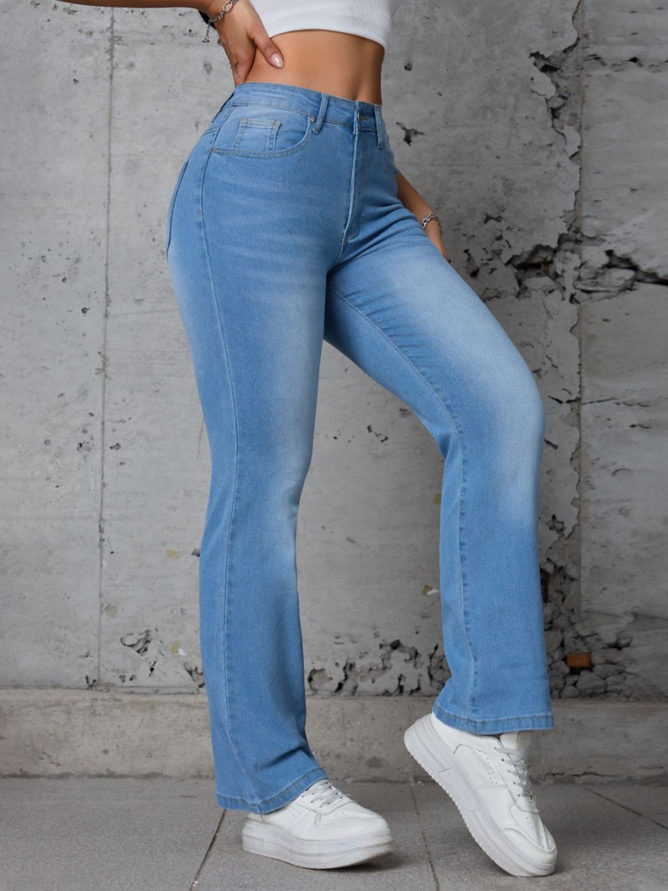 European and American foreign trade cross-border women's jeans blue washed classic stretch small straight denim trousers JEANS