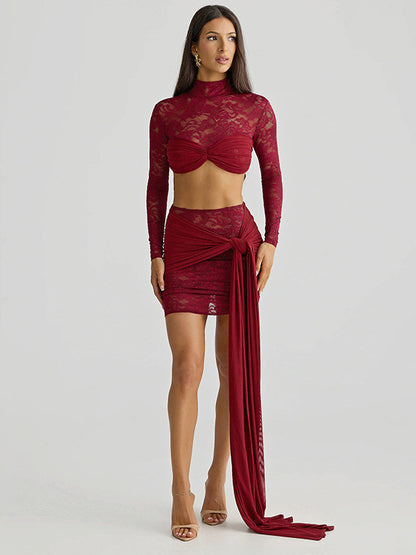 European and American autumn and winter new women's clothing sexy see-through cut-out lace long-sleeved top tight hip-hugging skirt suit for women