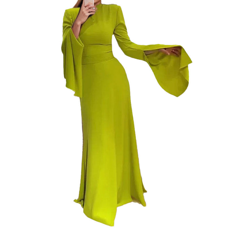 Cross-border European and American women's clothing 2025 New Year new temperament elegant solid color semi-high neck ruffled sleeve dress dress