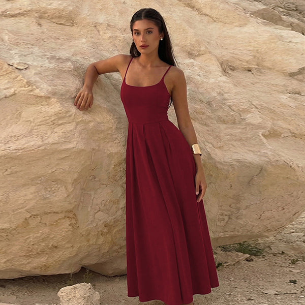 2025 cross-border new European and American style women's fashion solid color U-neck pleated waist long sexy camisole dress