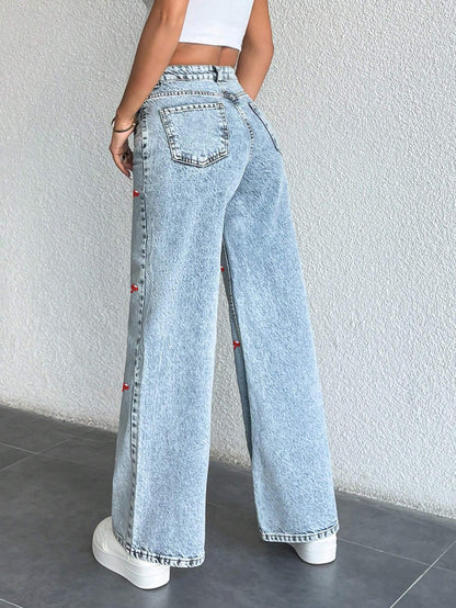 Cross-border foreign trade original design jeans cherry print wash high waist straight denim trousers women JEANS