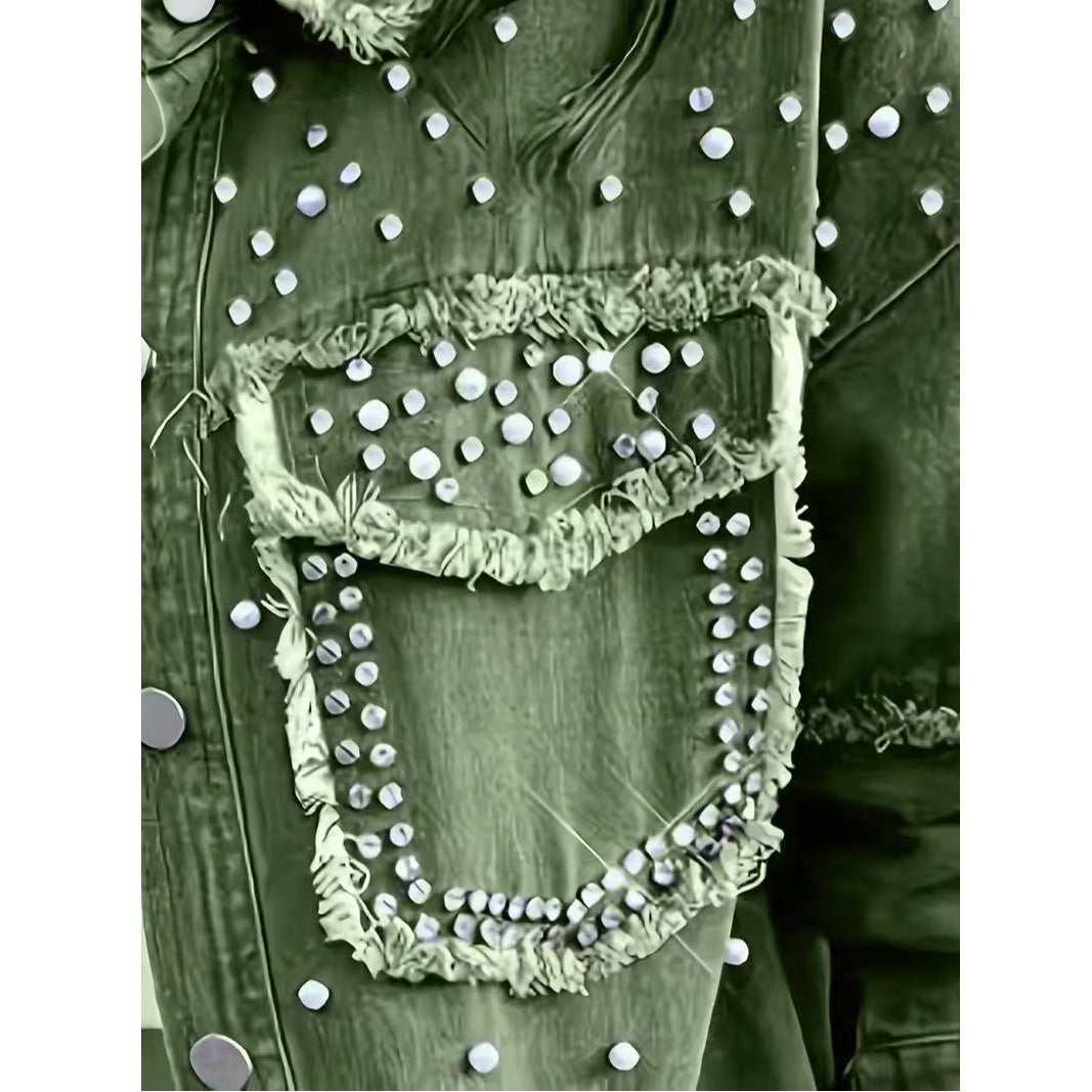 Diamond Pearl Women's Plus Size Diamond Pearl Embellished Denim Top Washed Denim Jacket Green