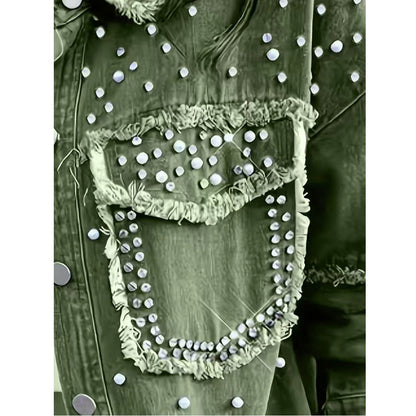 Diamond Pearl Women's Plus Size Diamond Pearl Embellished Denim Top Washed Denim Jacket Green