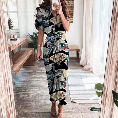 2026 Amazon Foreign Trade European and American Fashion Spring New Short Sleeve Temperament Commuter High Waist Printed Long Dress