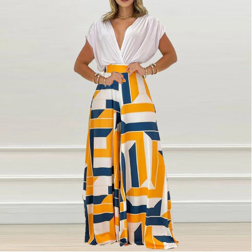 2026 European and American Clothing Independent Station Spring New Temperament V-Neck Printed Wide-leg Pants Fashion Casual Suit 661