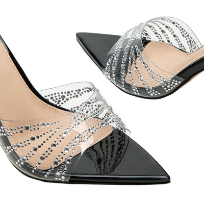 2026 Summer French Pointed Toe Transparent TPU Sandals Women's Outer Wear Thin Heel with Rhistone Decoration Breathable