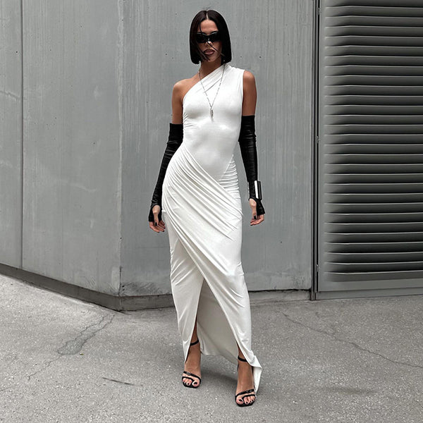 European and American style cross-border women's clothing 2024 summer solid color long skirt casual diagonal sleeveless slim one-shoulder dress fashion