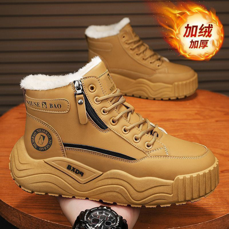 Men's snow boots 2025 winter hot item: warm antifreeze with fleece thickened men's cotton shoes, waterproof, non-slip, thick-soled cotton shoes