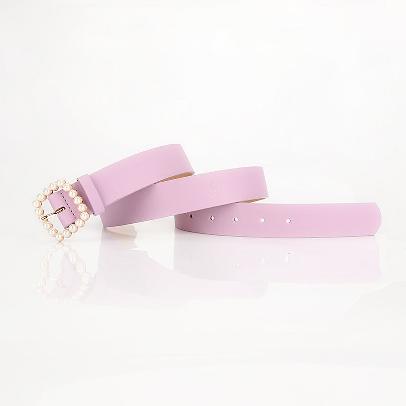 The square-shaped buckle pearl belt is fashionable and versatile, and the sweet and cute women's belt is fashionable and elegant, and the outfit is matched