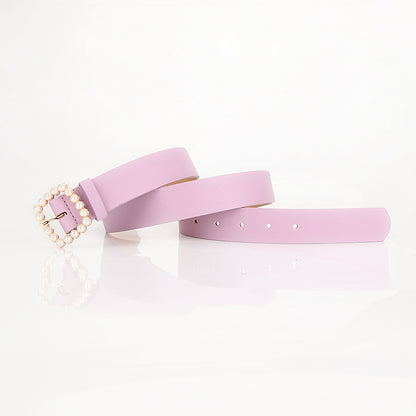 The square-shaped buckle pearl belt is fashionable and versatile, and the sweet and cute women's belt is fashionable and elegant, and the outfit is matched