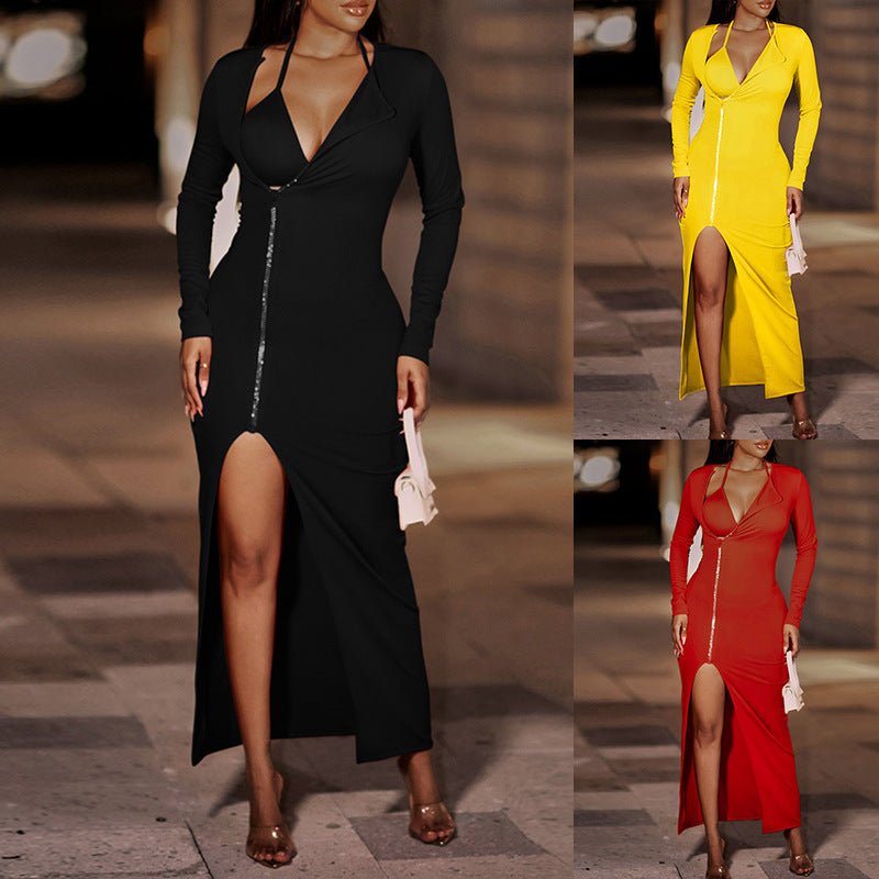 2025 summer new cross-border European and American fashion dignified atmosphere solid color casual waist slit V-neck dress 661