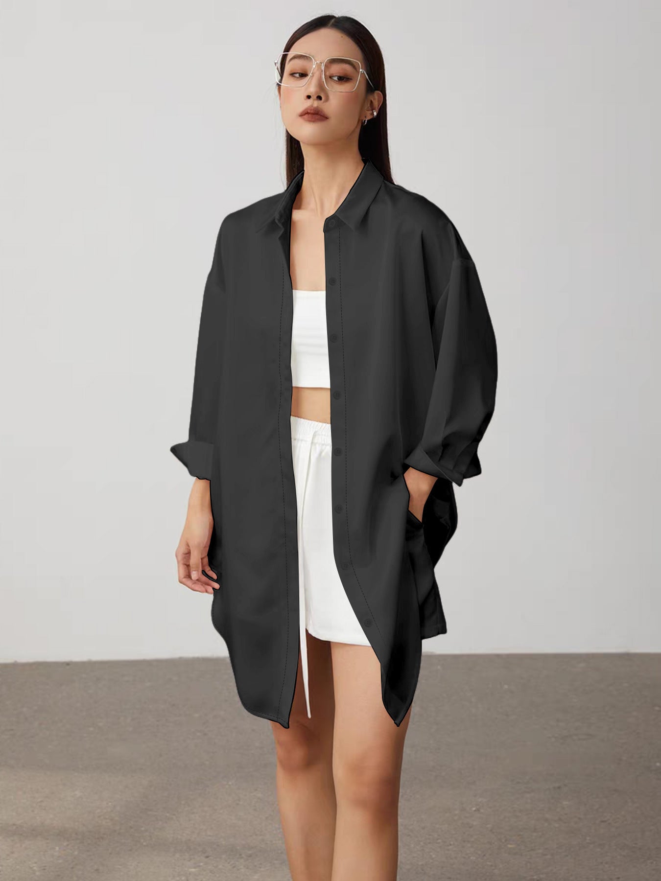 European and American cross-border new long-sleeved minimalist women's shirt long-sleeved lapel versatile loose long top shirt