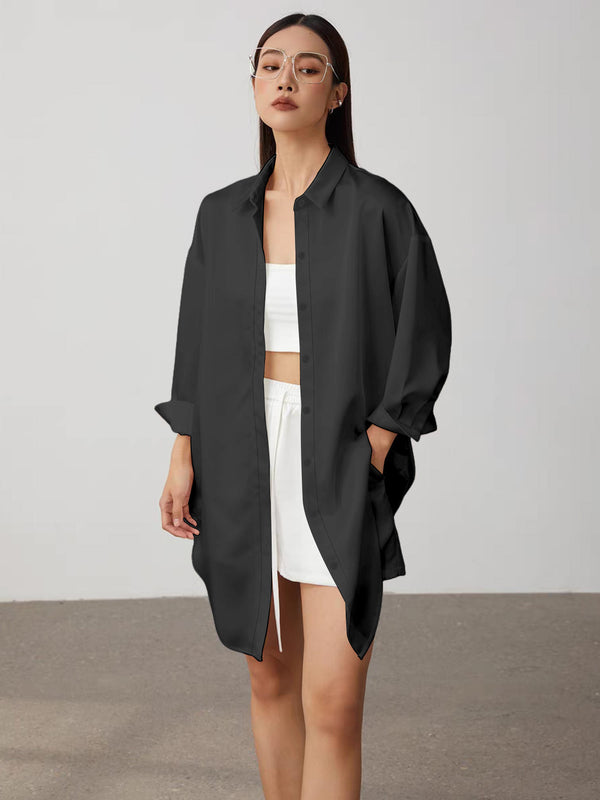 European and American cross-border new long-sleeved minimalist women's shirt long-sleeved lapel versatile loose long top shirt