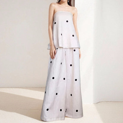 Conjunto feminino transfronteiriço europeu e americano, coleção primavera 2025, novo design com top bandeau às bolinhas, estilo casual e moderno.