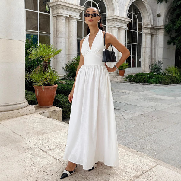 Cross-border spring and summer 2025 new European and beautiful clothing temperament solid color V-neck open back lace-up waist swing dress for women