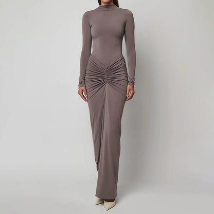 Cross-border spring 2026 new European and beautiful clothing temperament elegant solid color slim pleated hip tuck dress 661