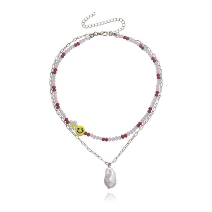 European and American cross-border jewelry, fashion double-layer crystal paper clip, smiley face, special-shaped pearl pendant necklace, female fairy style