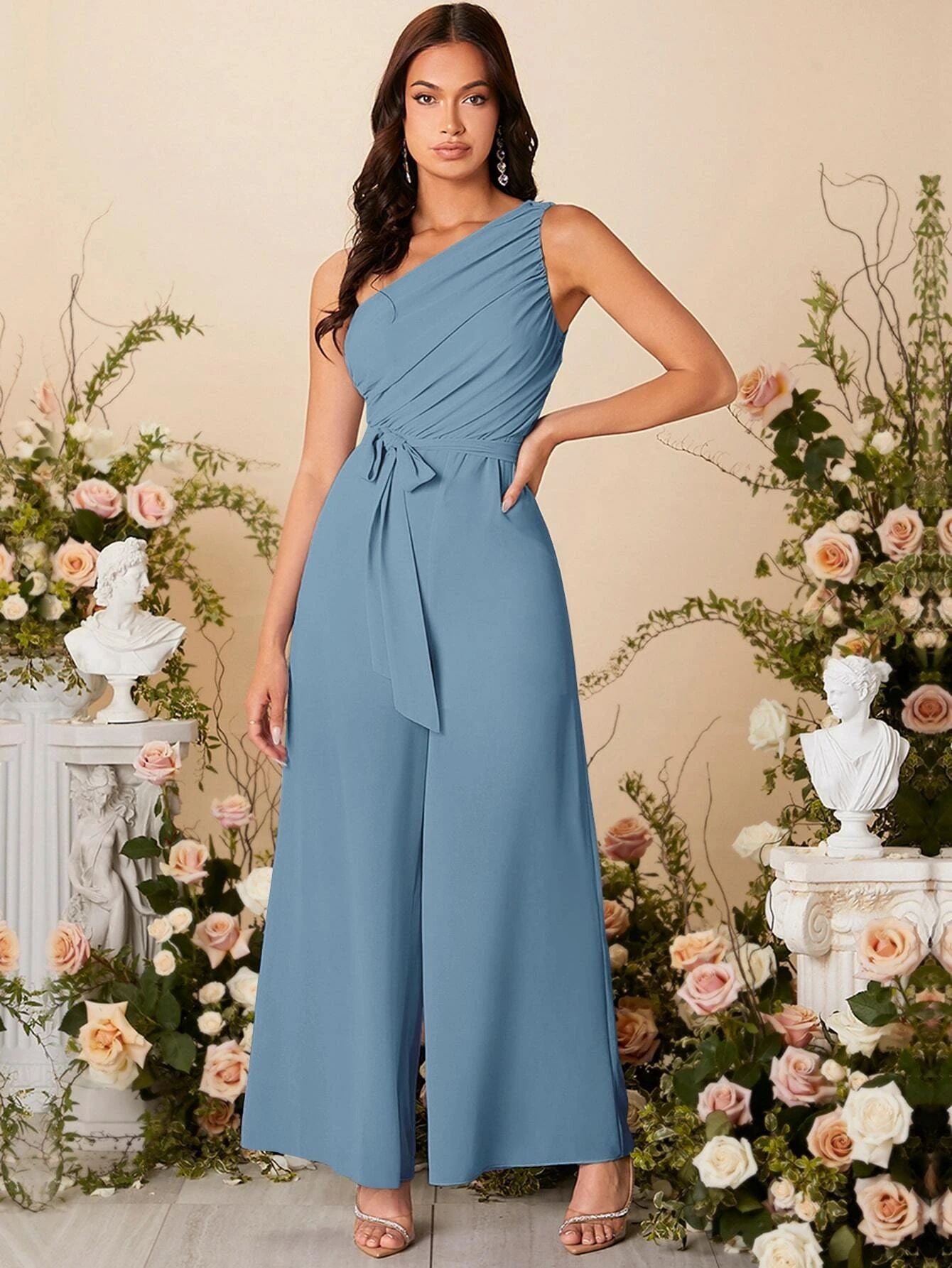 In stock, European and American cross-border 2025 Amazon spring and summer women's explosive EBA temperament slanted shoulder suspender strap jumpsuit