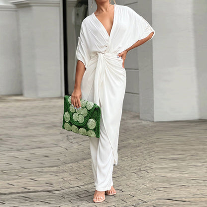 2025 Amazon European and American foreign trade women's ins lace-up V-neck temperament long sleeve fashion suit women's two-piece set 661