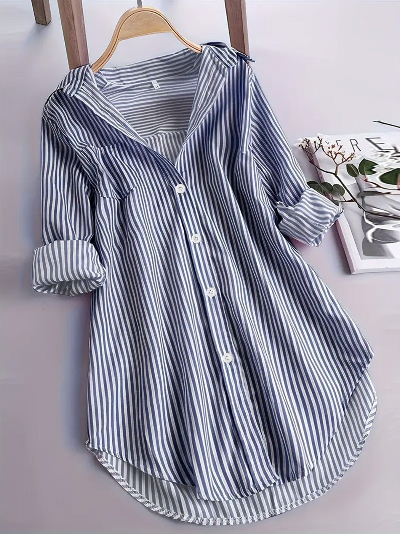 New Amazon foreign trade European and beautiful clothing, classic striped top loose casual long sleeve shirt stripes