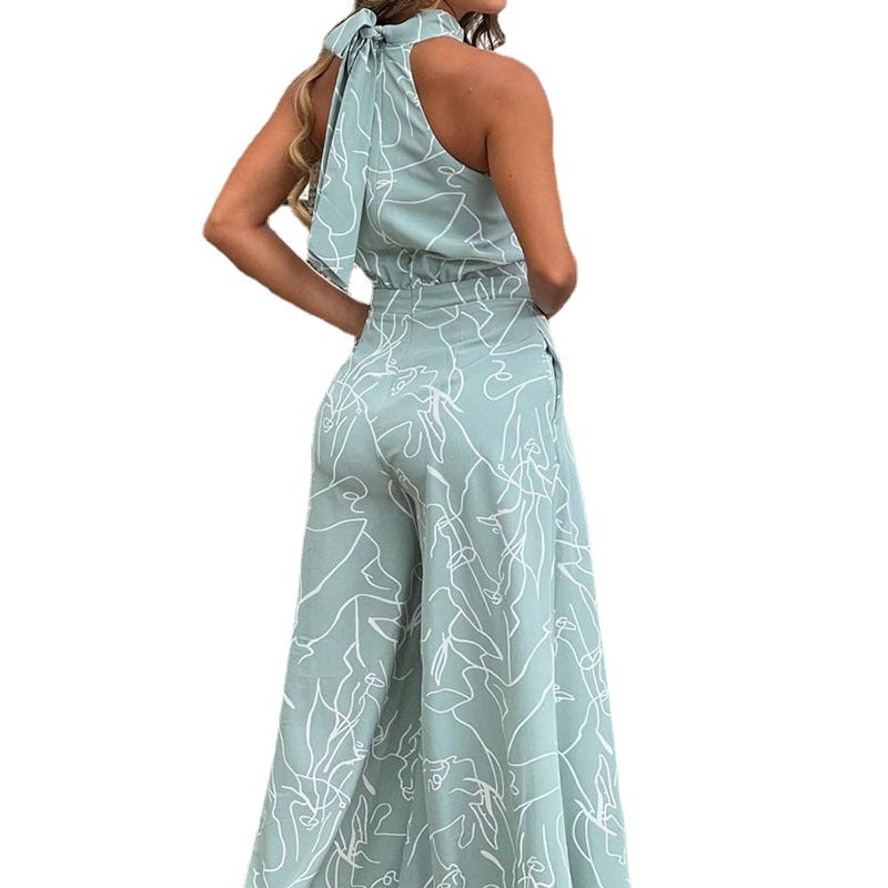 2026 spring new European and American foreign trade women's fashion crew neck sleeveless temperament fashion slim printed jumpsuit women