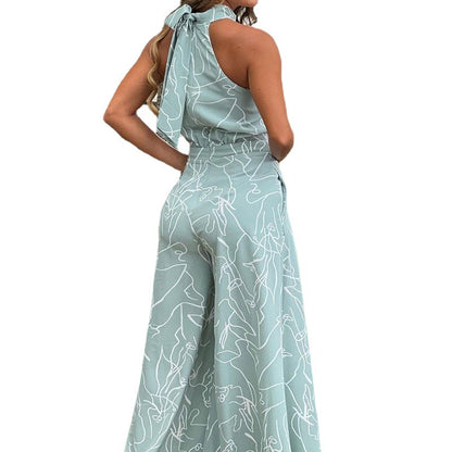 2026 spring new European and American foreign trade women's fashion crew neck sleeveless temperament fashion slim printed jumpsuit women