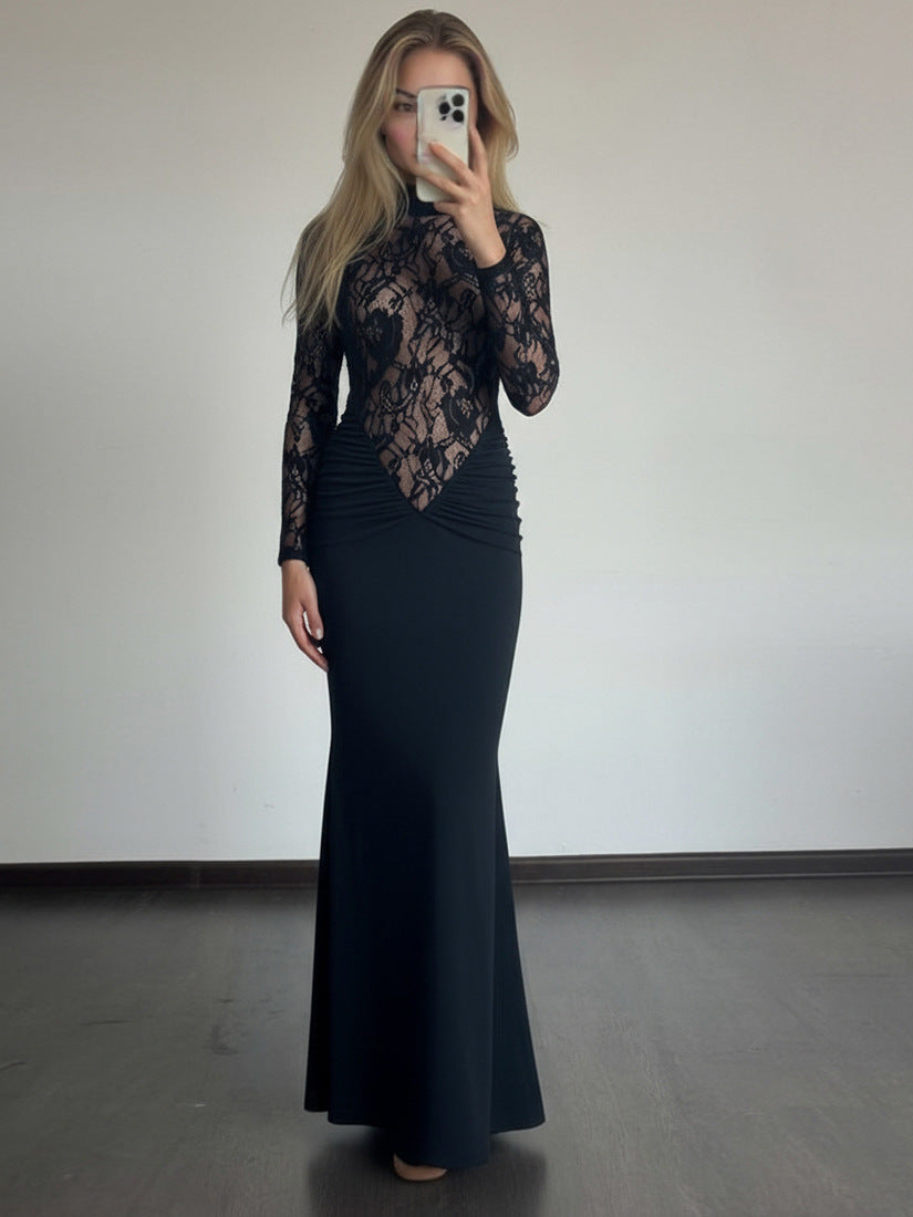 Foreign trade autumn and winter new women's clothing European and American style sexy hollow see-through lace spliced long sleeve slim hip wrap dress