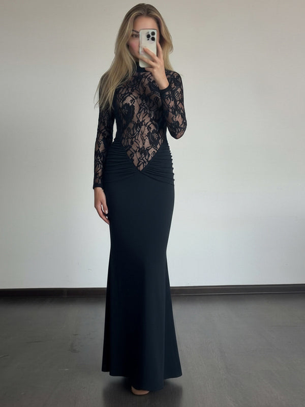 Foreign trade autumn and winter new women's clothing European and American style sexy hollow see-through lace spliced long sleeve slim hip wrap dress | Ciaura