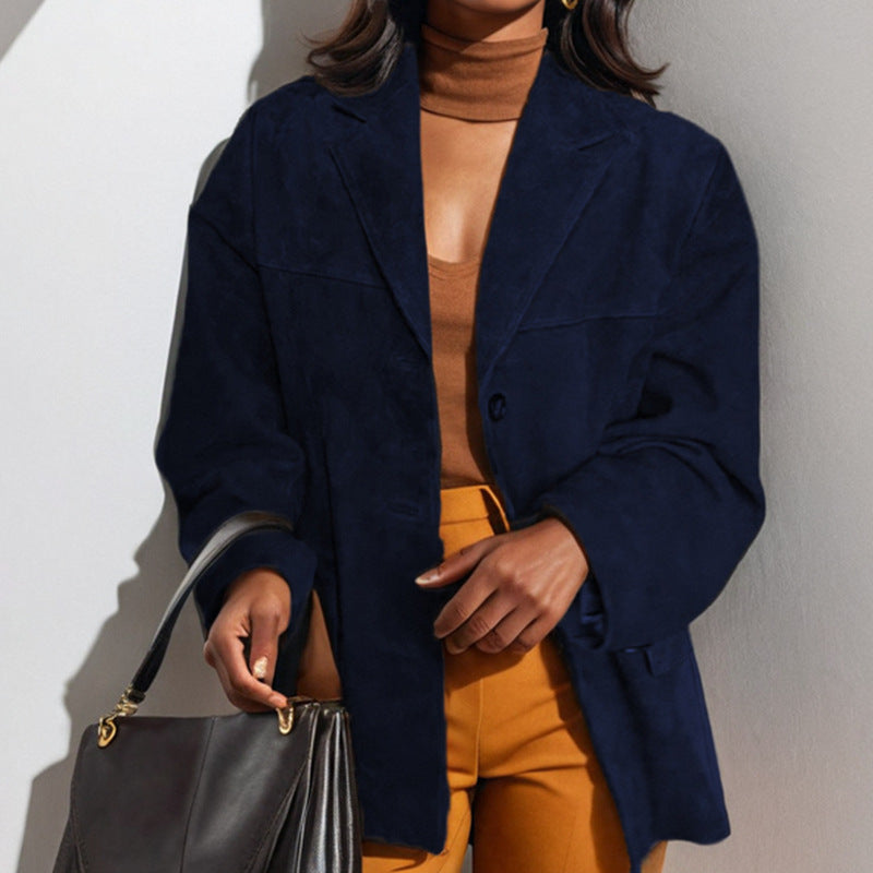Primavera 2026: Novo Blazer Transfronteiriço em Camurça com Bolsos e Lapela com Botões, Estilo Europeu e Americano.