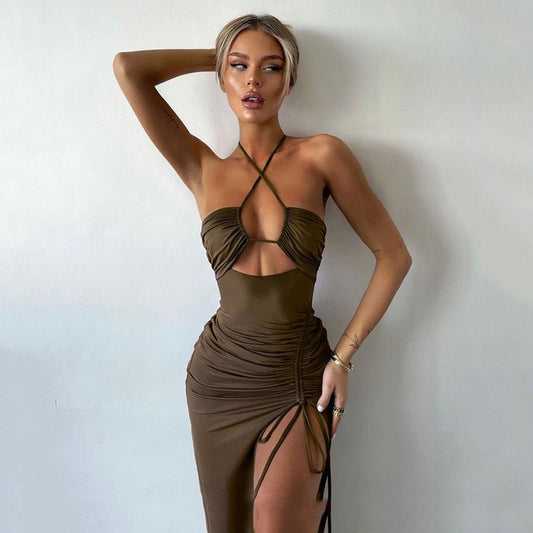 Foreign trade European and American ins style summer new sexy chest halterneck long skirt shirring high slit sexy dress for women