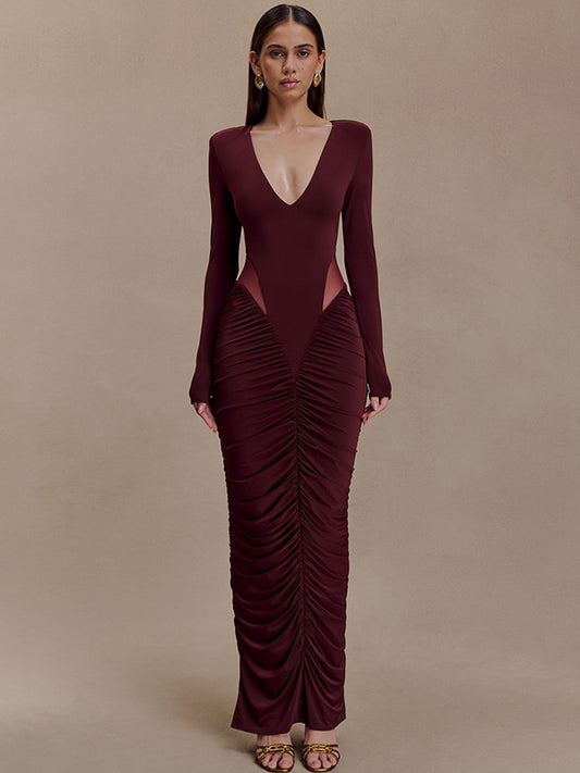 Vestido de senhora outono/inverno, novo modelo europeu, elegante e moderno, de cor sólida, com decote em V profundo, corte sexy com pregas na cintura e na anca.