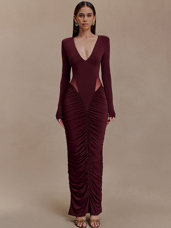 Foreign trade autumn and winter new European and beautiful fashion solid color deep V sexy waist folds waist and hip wrap dress women | Ciaura