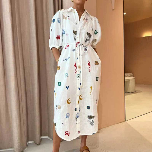 Spring 2026 New European and American Fashion Loose Print Lapel Lapel Lace Puff Sleeve Shirt Dress Long Skirt