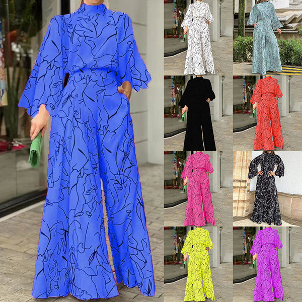 2025 Summer European and American Clothing Amazon Temperament Elegant Waist Lace-up Sleeveless Halterneck Pants Printed Jumpsuit