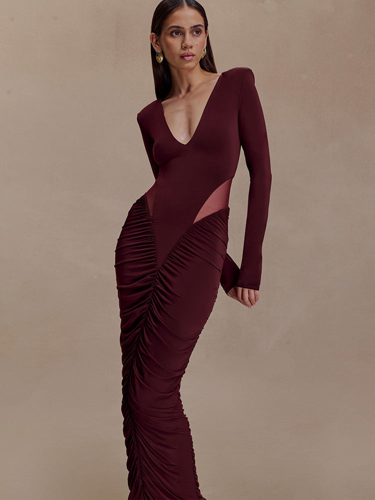 Foreign trade autumn and winter new European and beautiful fashion solid color deep V sexy waist folds waist and hip wrap dress women