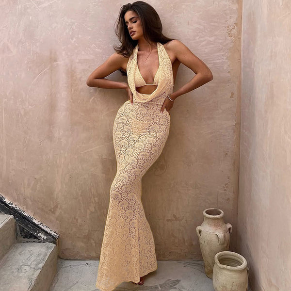 Cross-border 2025 summer new European and American clothing sexy deep V neck see-through slim back open lace dress for women | Ciaura
