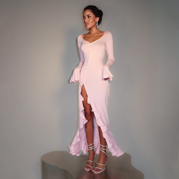 Cross-border new European and American clothing sexy hot girl slim flared sleeve dress personalized single-breasted slit long skirt - view 2 | Ciaura