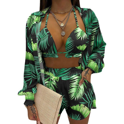 2026 Amazon AliExpress independent station new sexy European and beautiful solid color shorts fashion three-piece set