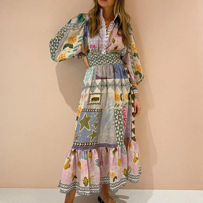 Spring 2026 European and American foreign trade women's temperament commuter painted printed lanterns long sleeves cinched waist large skirt dress
