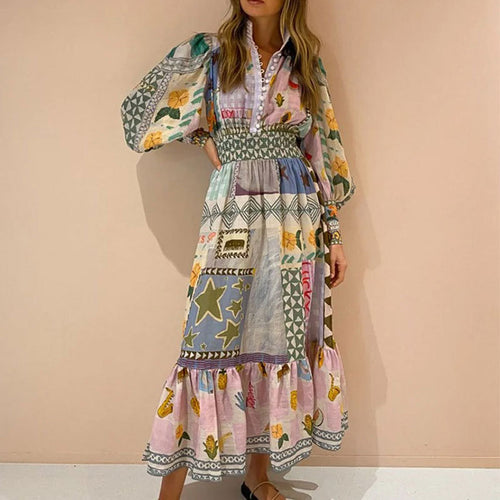Spring 2026 European and American foreign trade women's temperament commuter painted printed lanterns long sleeves cinched waist large skirt dress