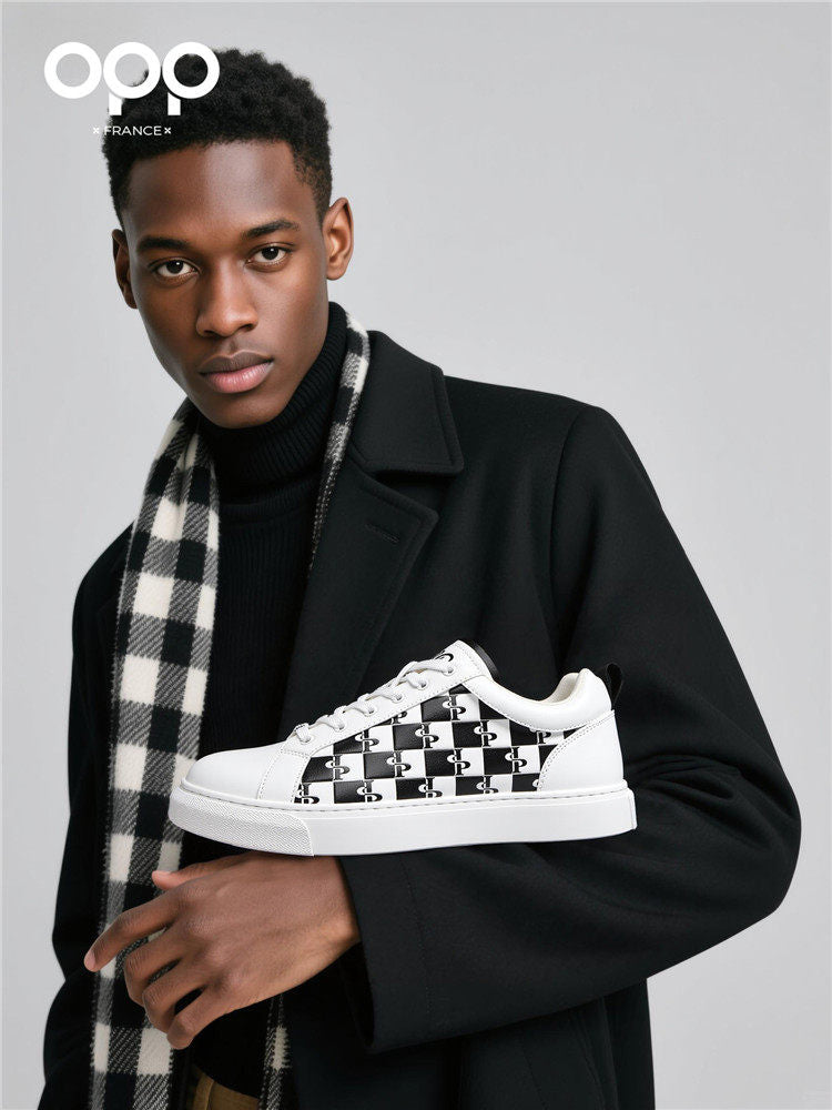 OPP men's shoes spring checkerboard plaid popular light luxury leather low-top lightweight and versatile casual sports shoes for men