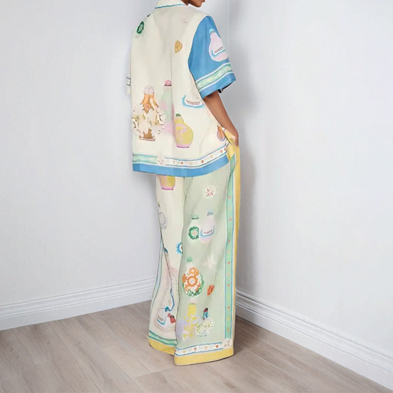 European and American cross-border 2025 independent station AliExpress fashion personality graffiti print color-blocking vacation leisure tether set